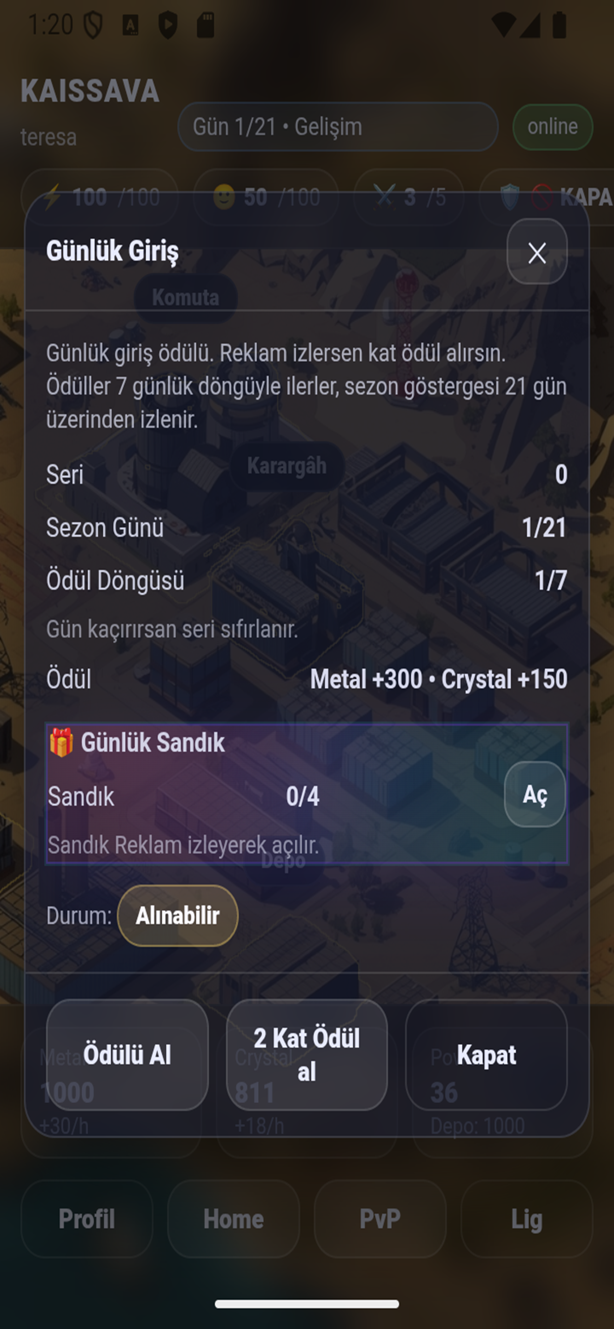 Günlük giriş ekranı