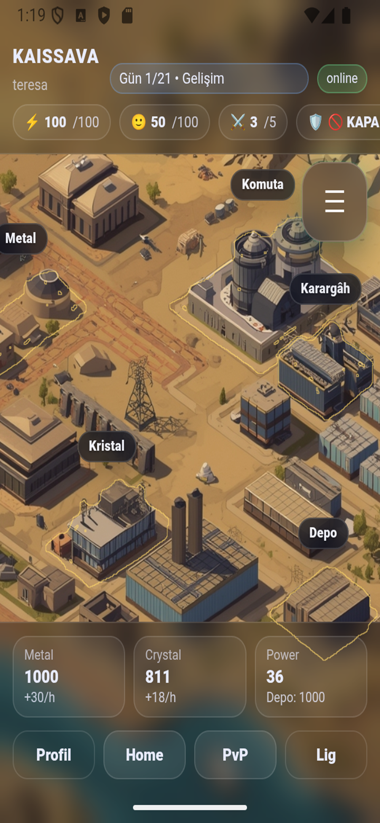 KAISSAVA ana üs ekranı